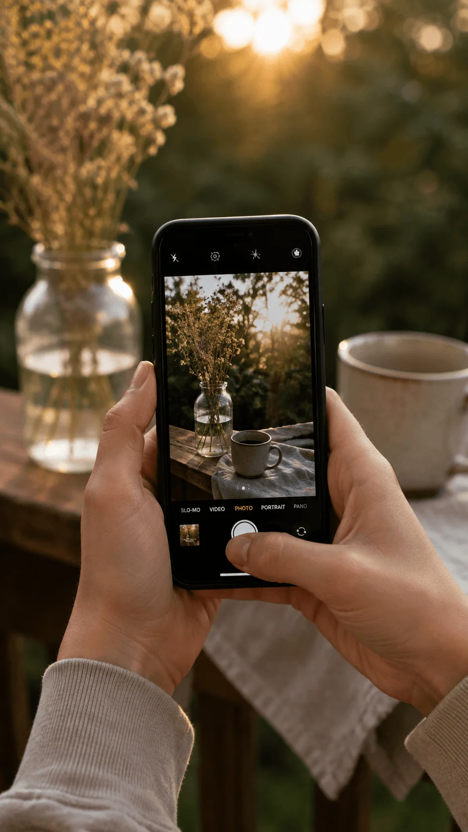 Smartphone sustainable photography featuring hands capturing a nature inspired scene with a mobile phone, dried flowers, coffee cup and warm golden sunlight in an outdoor eco friendly setting