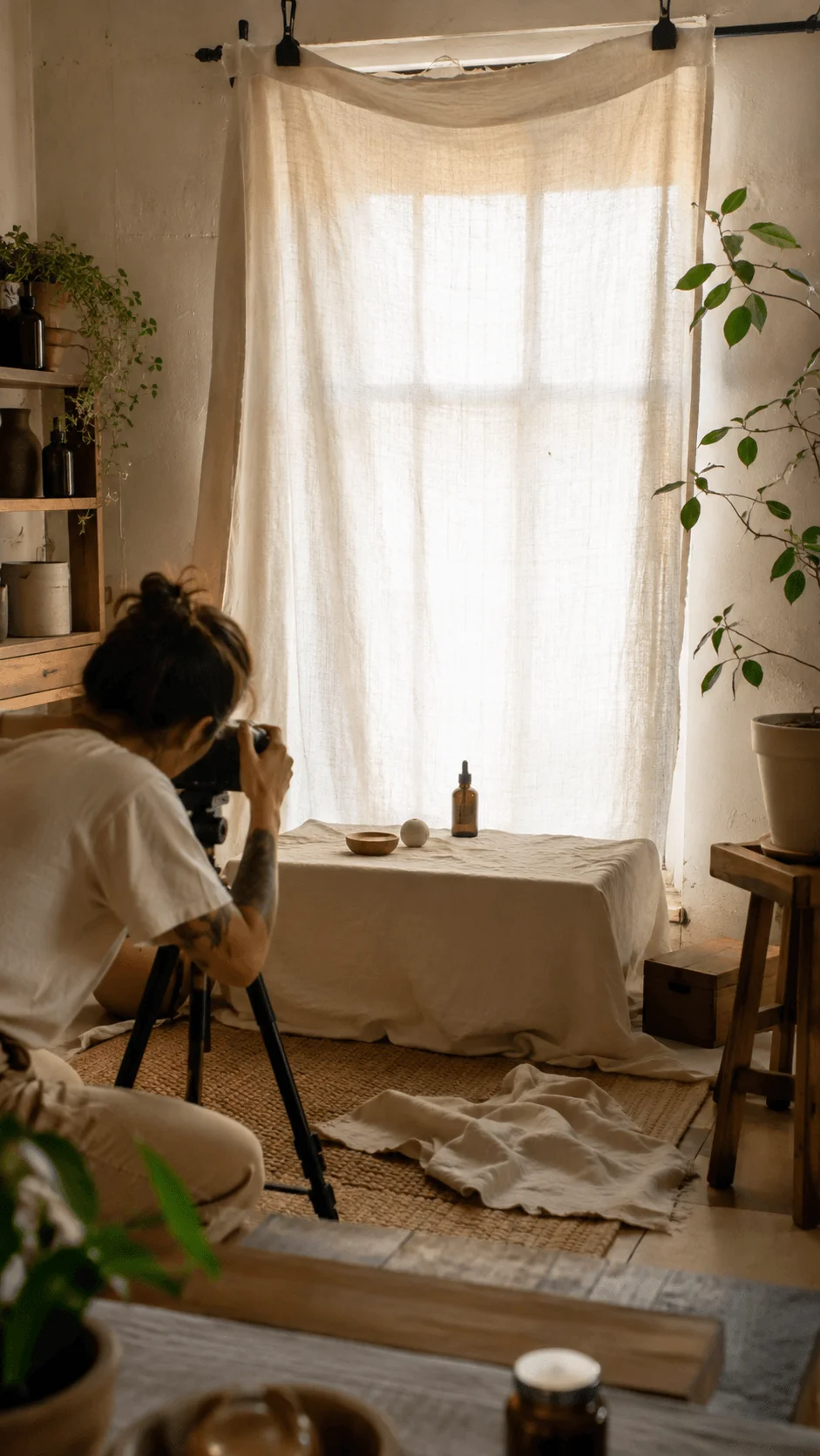 Soft diffused lighting photography setup with natural fabric backdrop photographer camera tripod plants and gentle sunlight creating a warm sustainable studio atmosphere