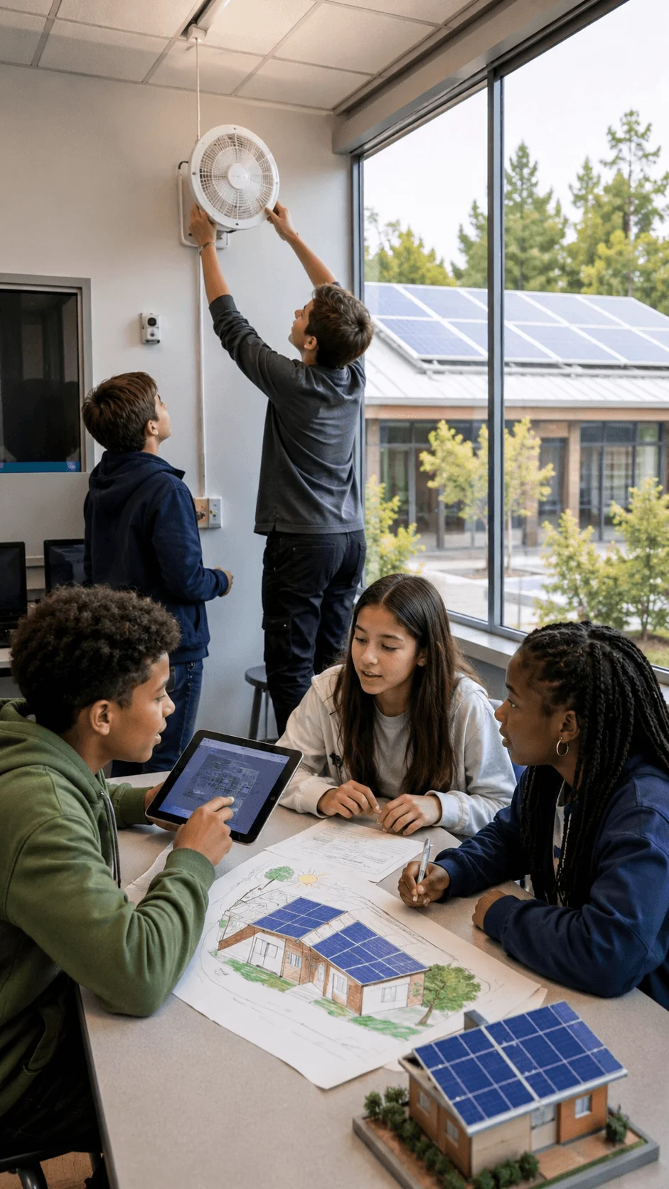 Students working on a solar energy efficiency project with solar panels an energy saving fan a tablet and a sustainable house model