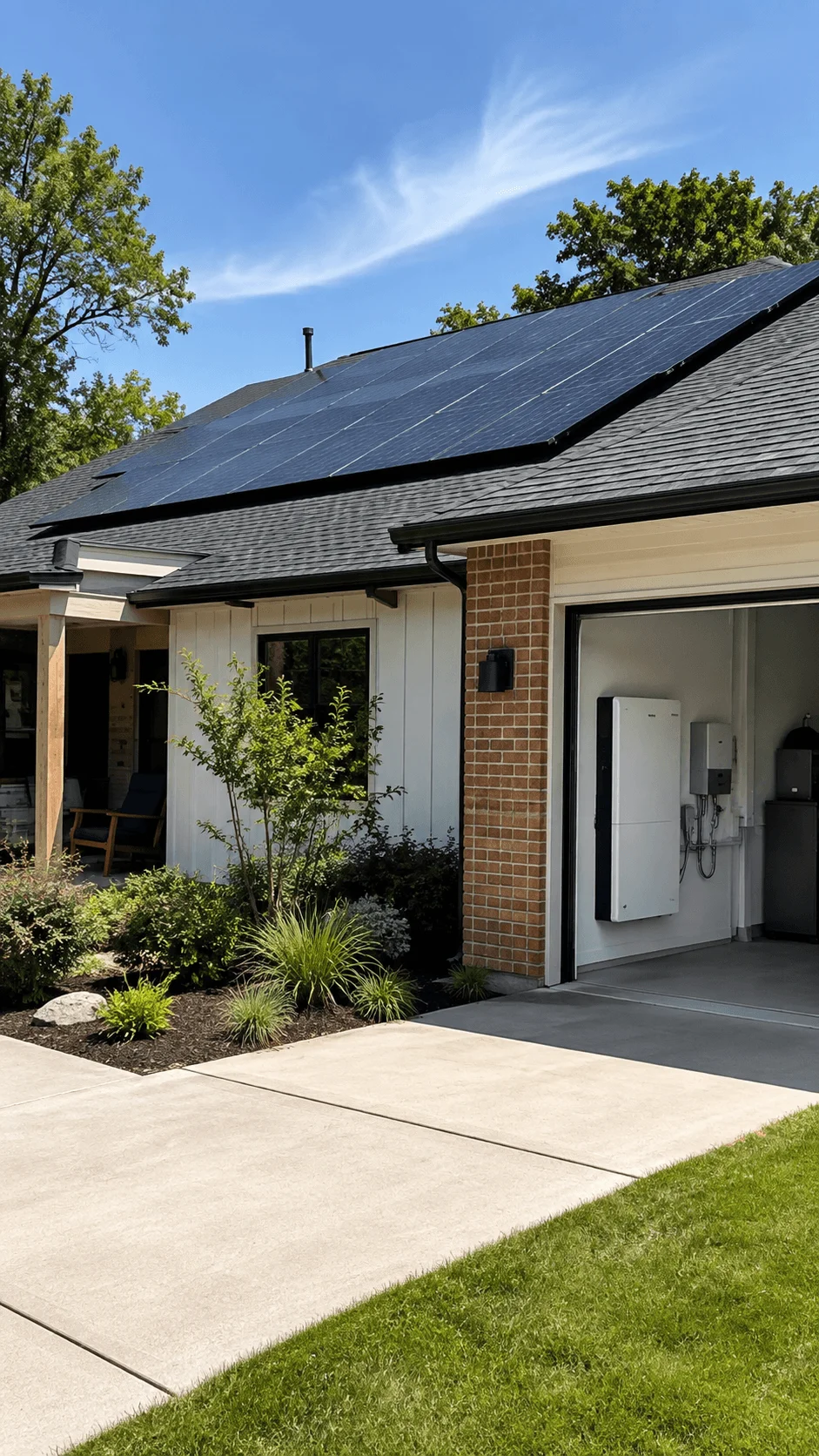 Solar panels with battery storage installed on an eco friendly home for renewable energy use