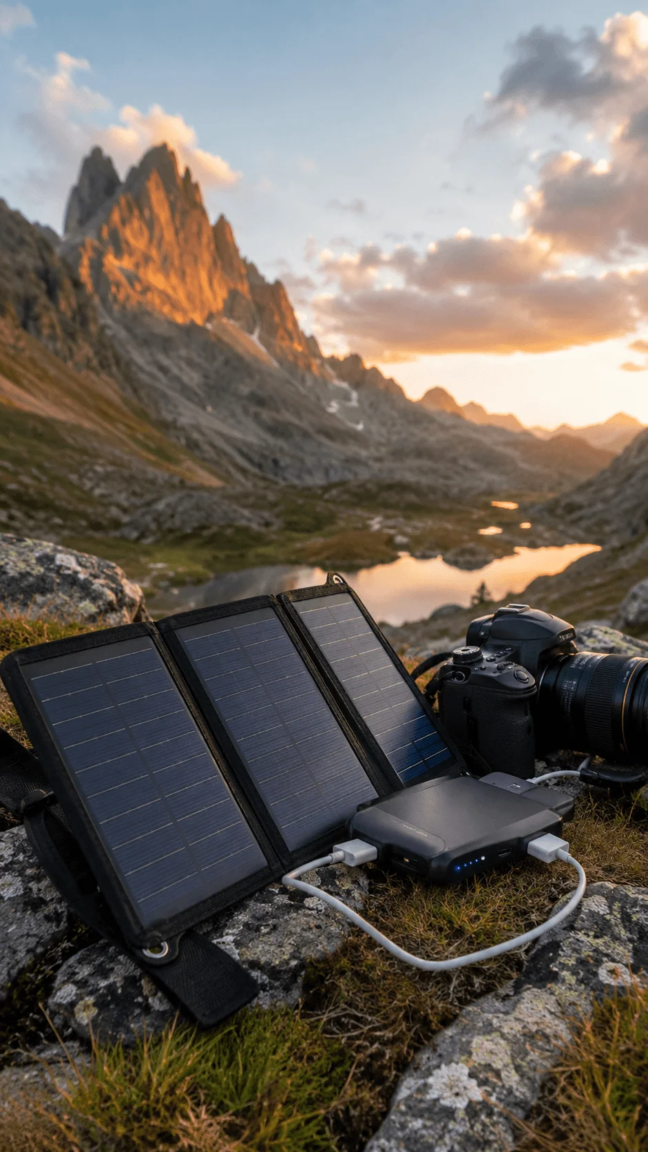 Solar powered charging solution with portable solar panels power bank and professional camera in a mountain landscape