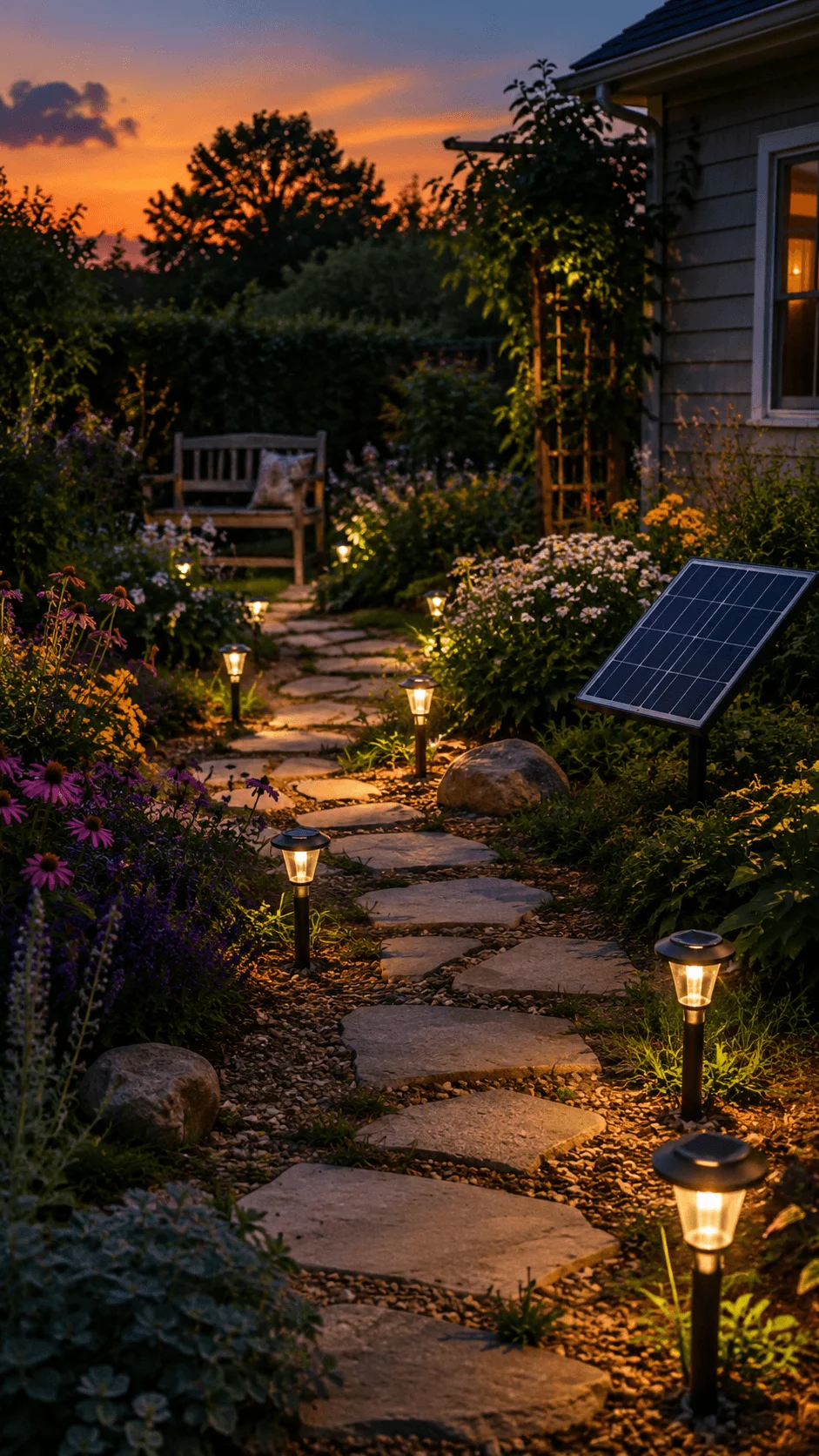 Solar powered eco garden with glowing pathway lights solar panel colorful flowers stone path wooden bench and sunset sky