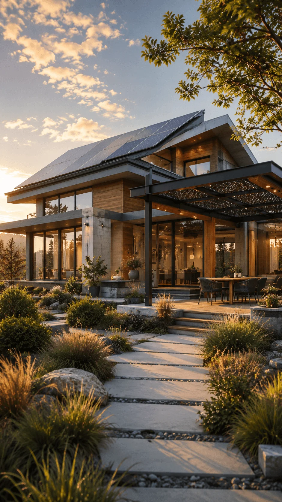 Solar powered modern home with rooftop panels wooden architecture glass windows sustainable landscaping and warm golden hour lighting