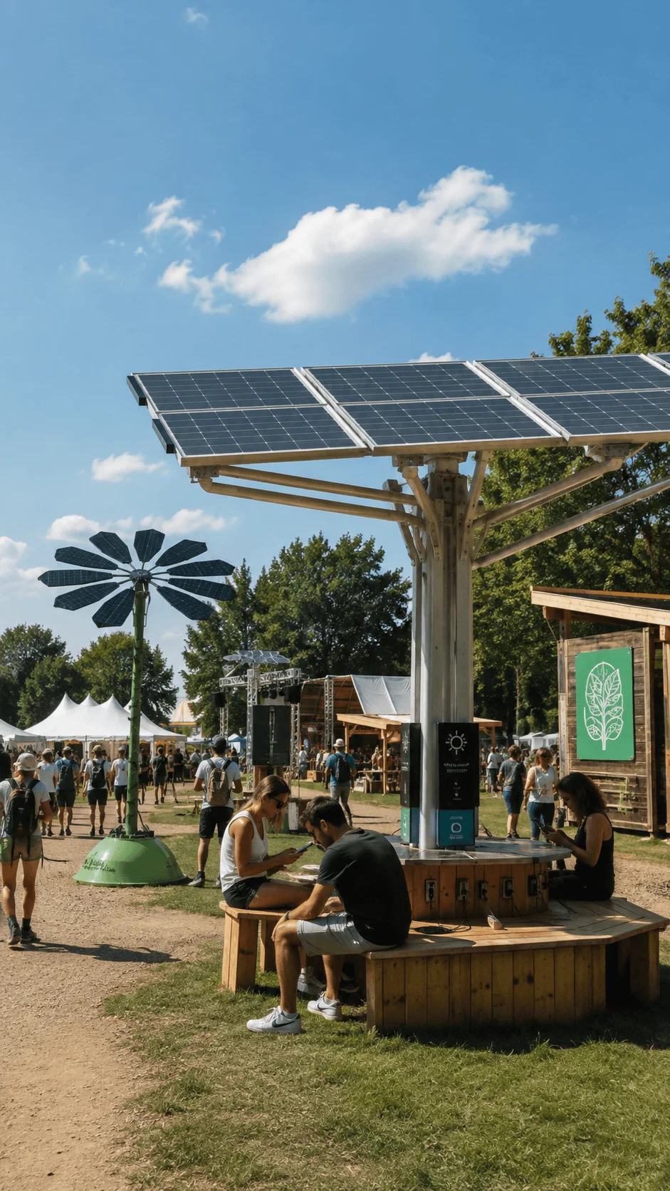 Solar powered outdoor festival with charging stations solar panels and attendees enjoying a sustainable event experience