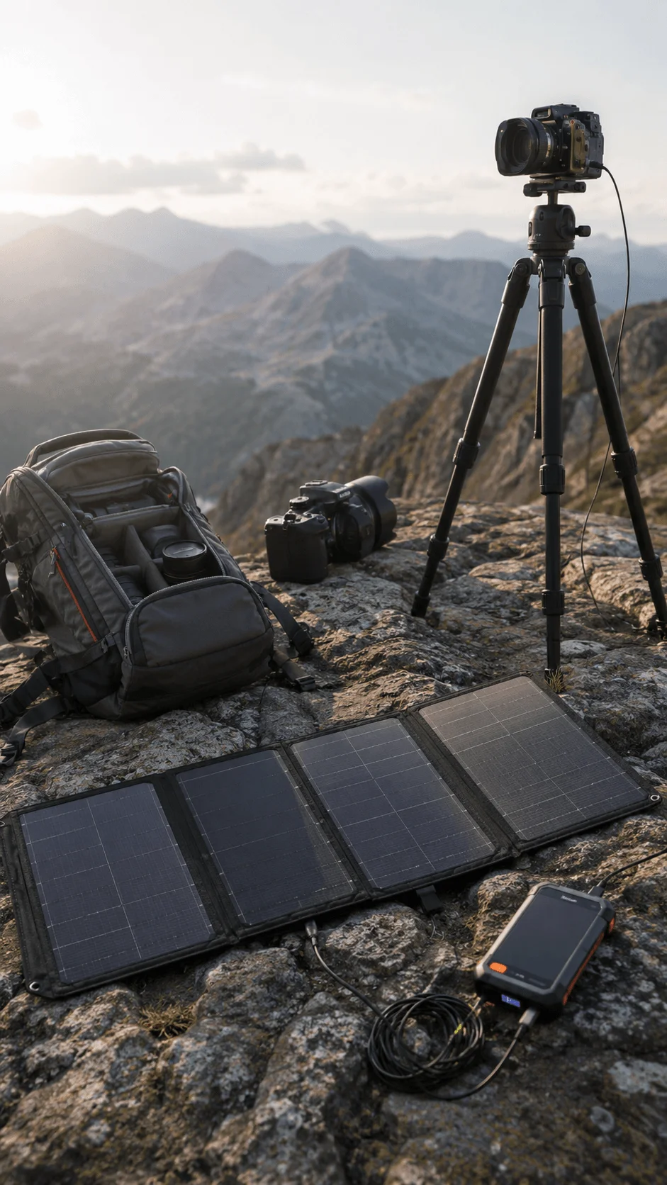 Solar powered photography equipment with a camera on a tripod, portable solar panels, camera gear, and a backpack set up on a rocky mountain landscape.
