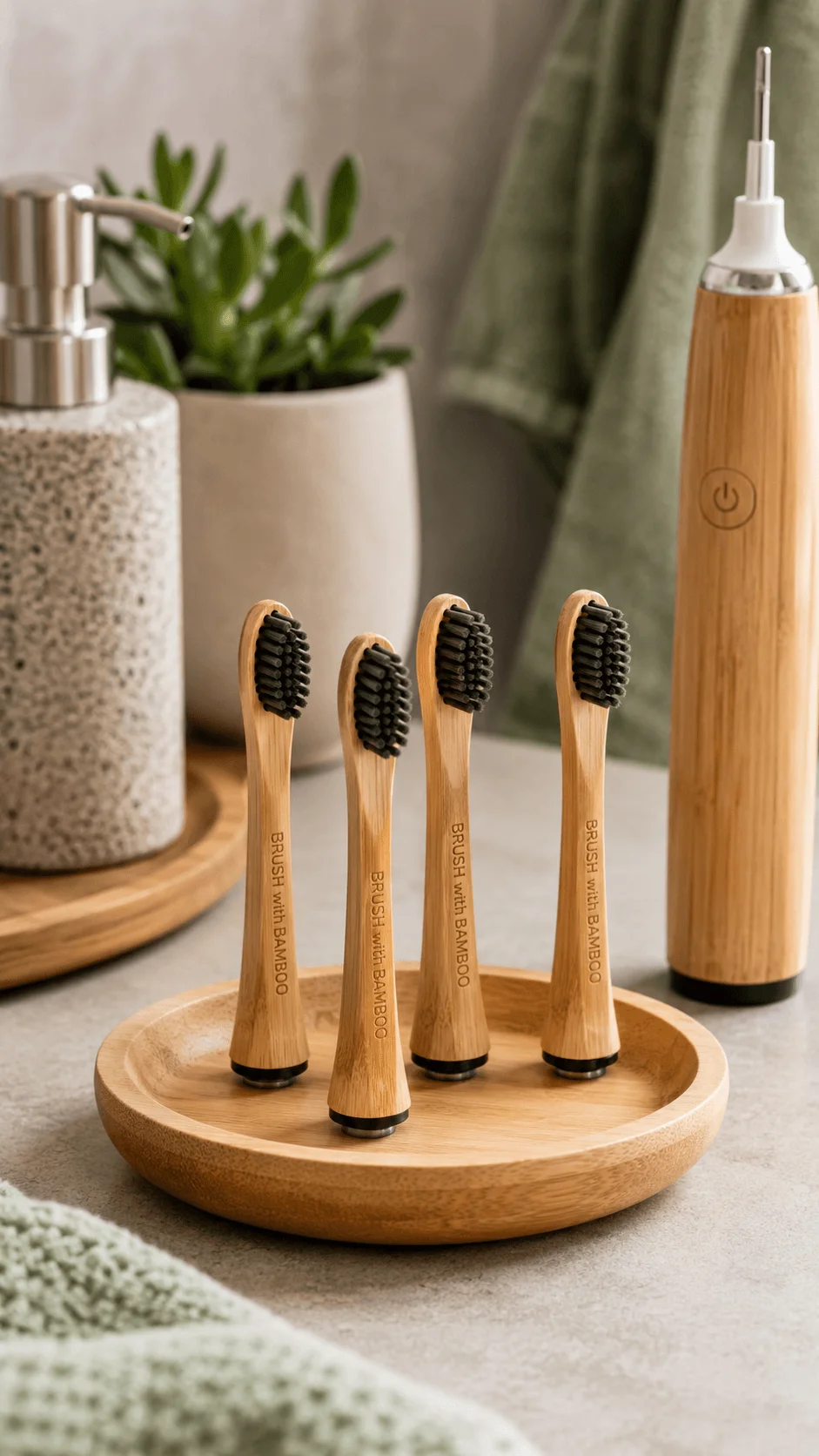 Solid bamboo replacement electric toothbrush heads with black bristles displayed on a bamboo tray beside a bamboo electric toothbrush in a natural bathroom setting