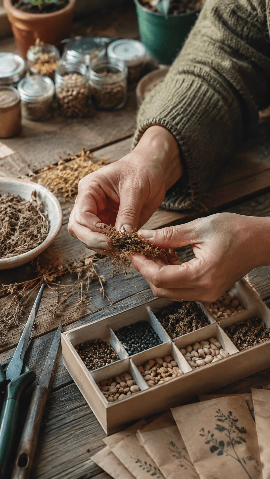 Hands sorting dried seeds and herbs into organized compartments on a rustic wooden table with glass jars and gardening tools