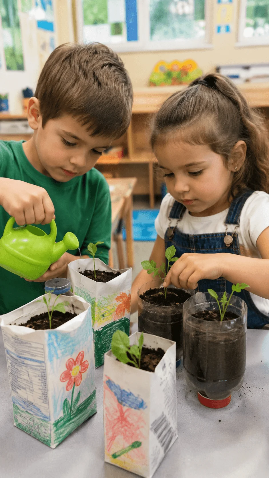 Children planting and watering seedlings in recycled containers decorated with colorful drawings