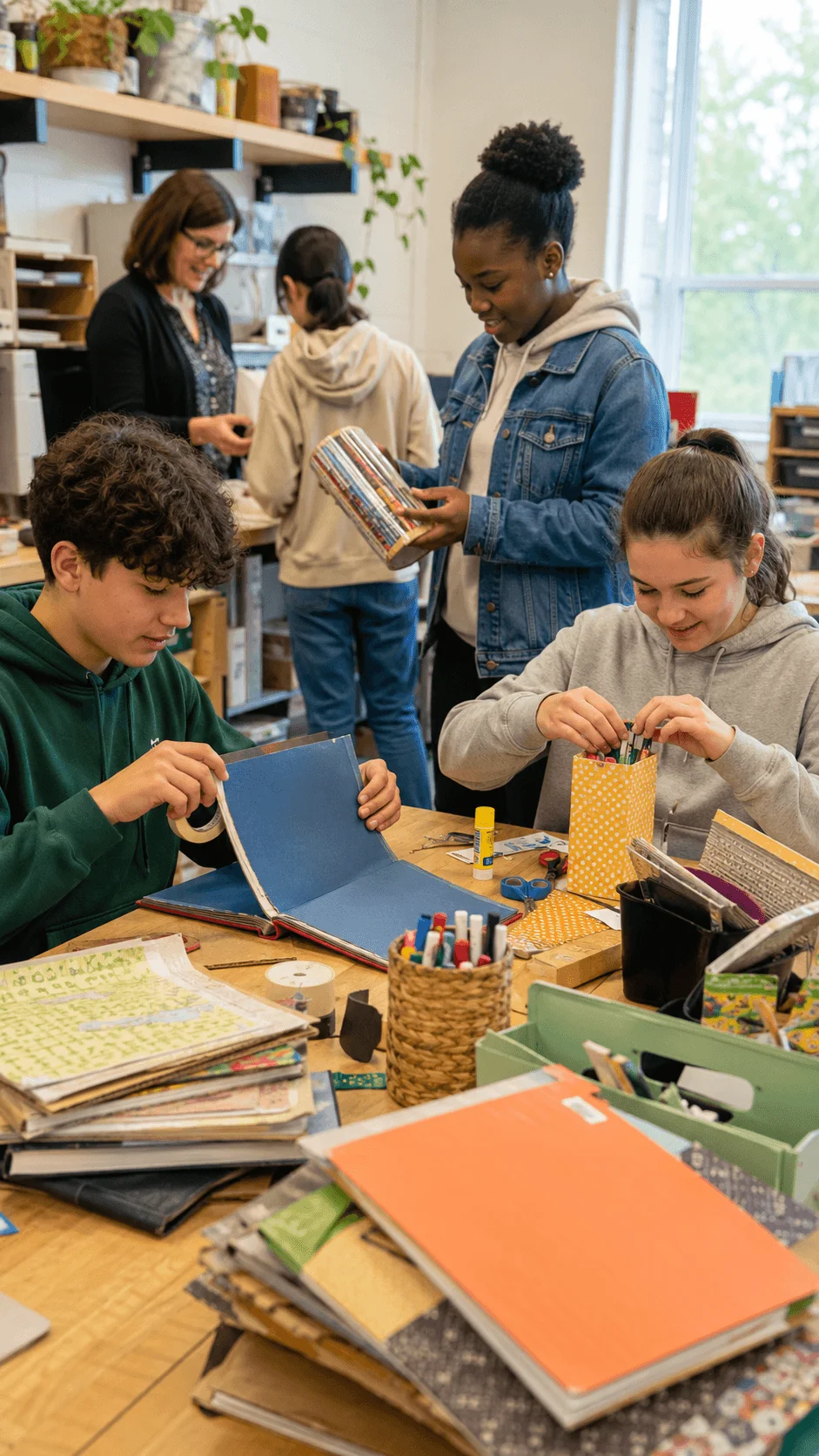 Students repairing and reusing classroom materials including folders containers notebooks and craft supplies during a sustainability challenge