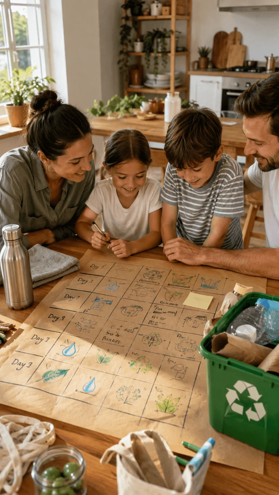 Family working together on a seven day eco challenge at home with children creating a sustainability activity chart, reusable items, and a recycling container on a wooden table