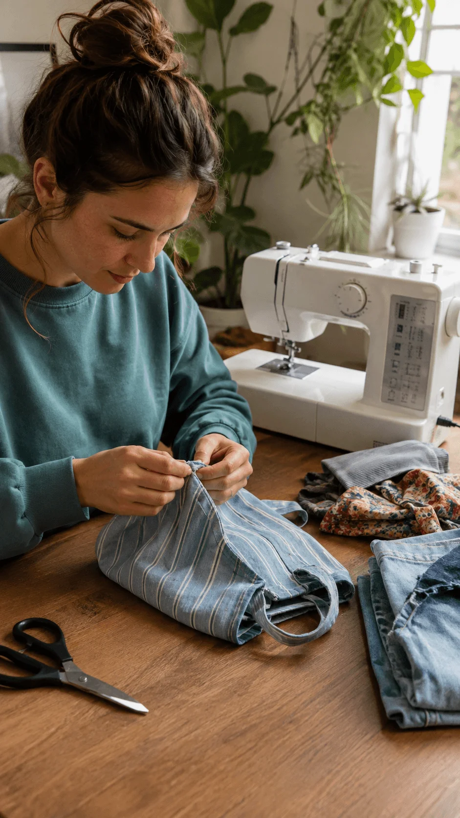 Person sewing and upcycling old clothing with a sewing machine, fabric scraps, and denim pieces on a wooden table