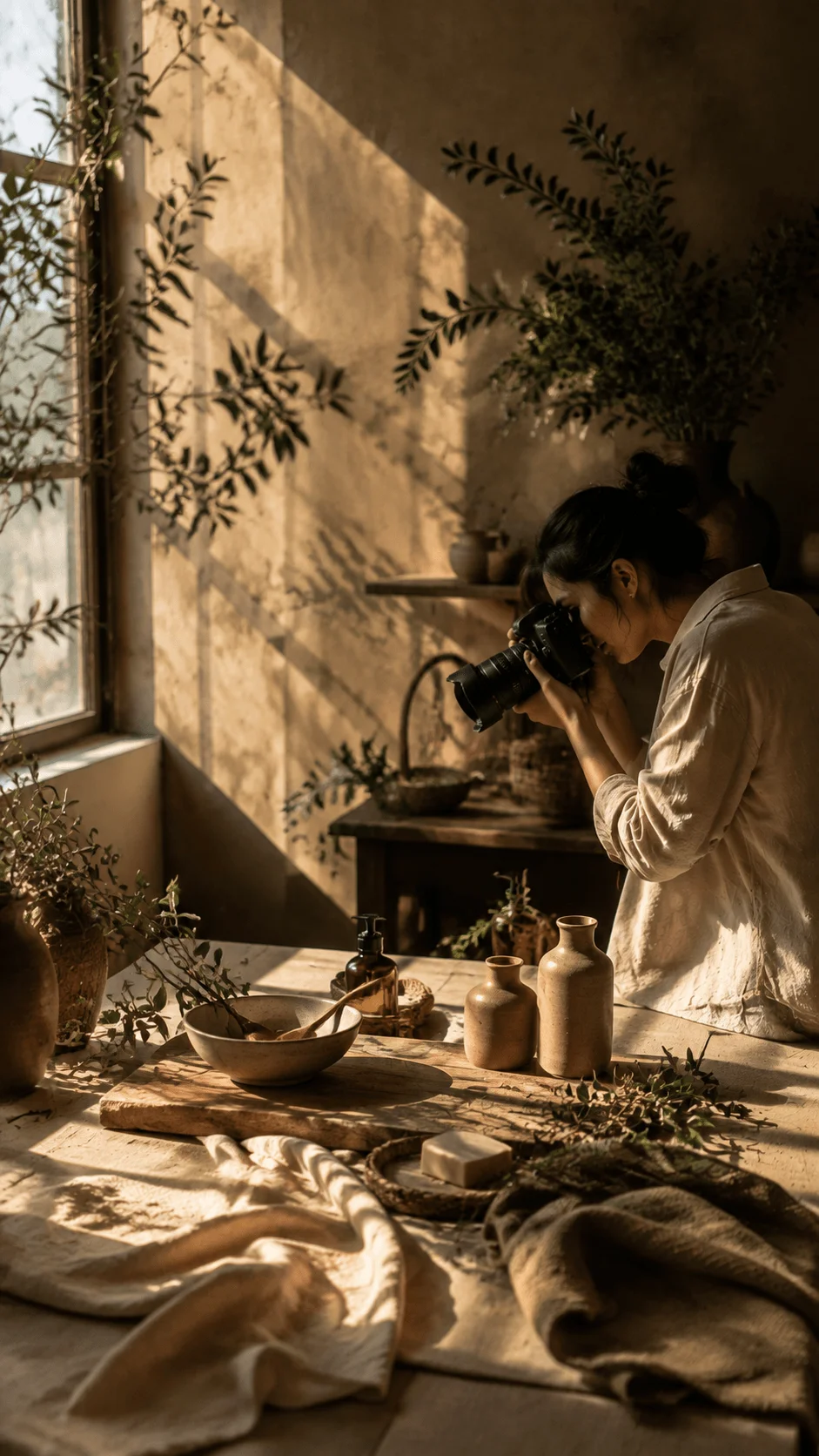 Story driven sustainable lighting photography scene with photographer capturing handmade products using natural sunlight plants ceramic pottery and earthy textures