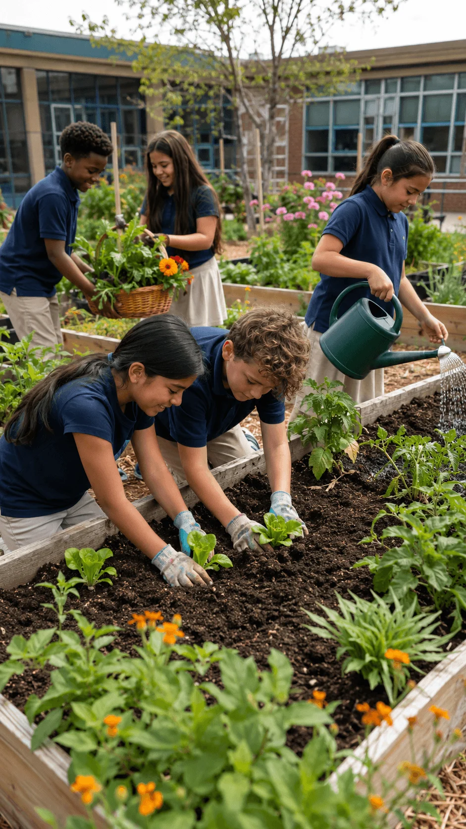 Students working together in a school garden planting vegetables and flowers while learning about nature and sustainability