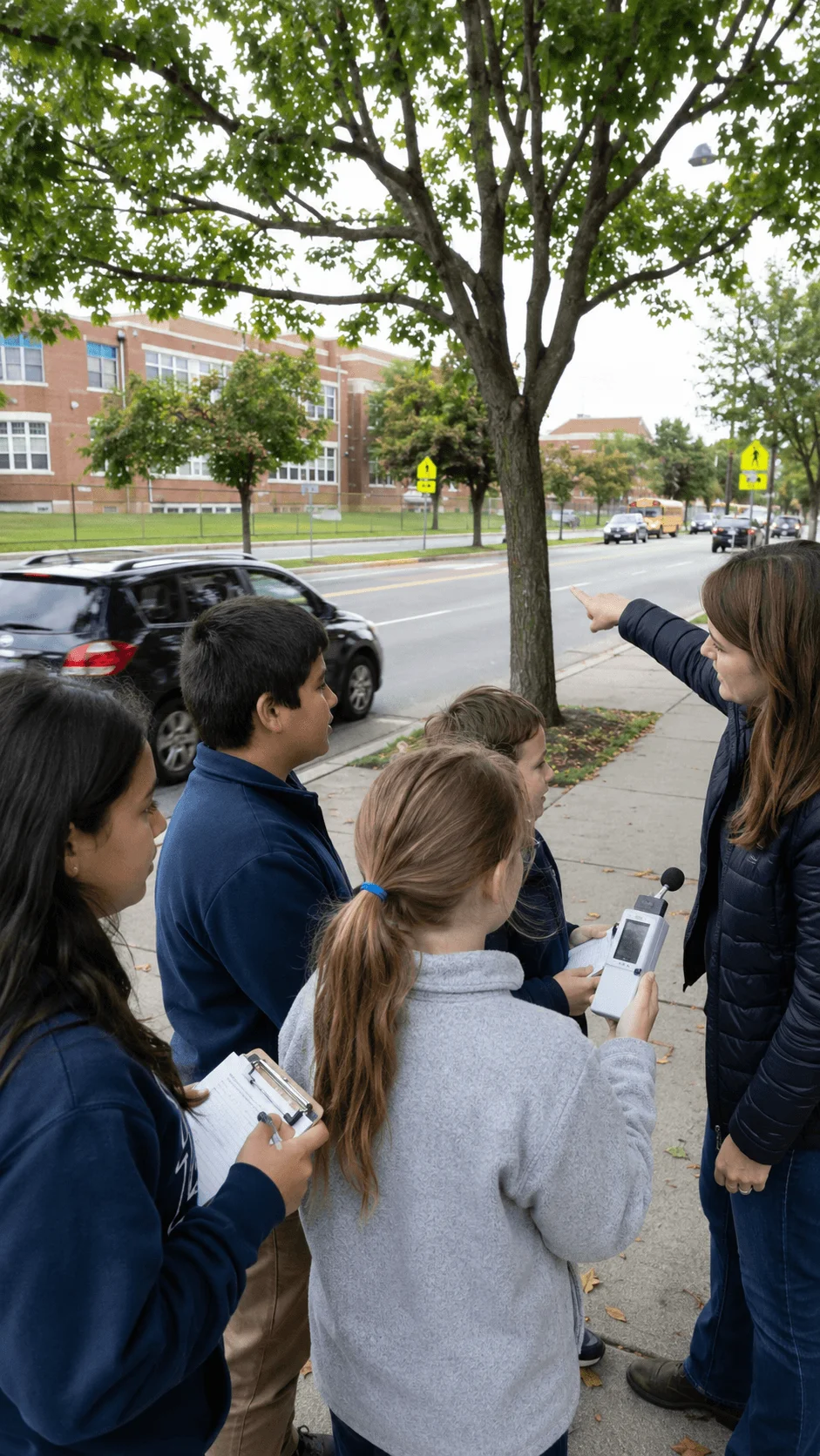 Students monitoring air quality near their school using an air quality meter and recording observations with their teacher