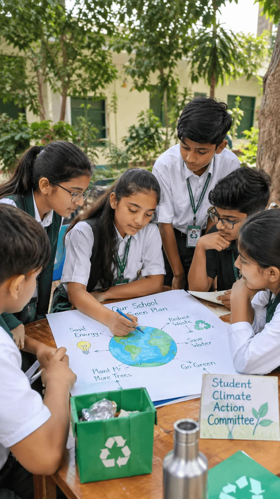 Students working together on a school climate action plan, discussing energy saving, waste reduction, water conservation, tree planting, and recycling.
