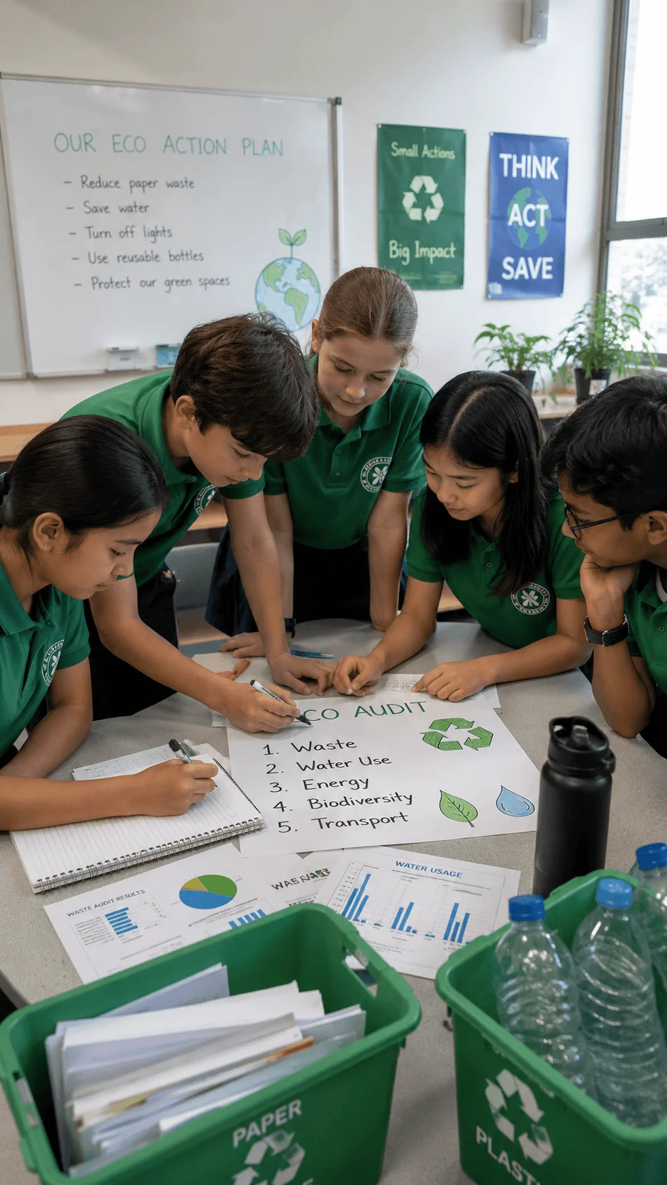Students working together on a school eco audit and creating an environmental action plan for waste water energy and biodiversity