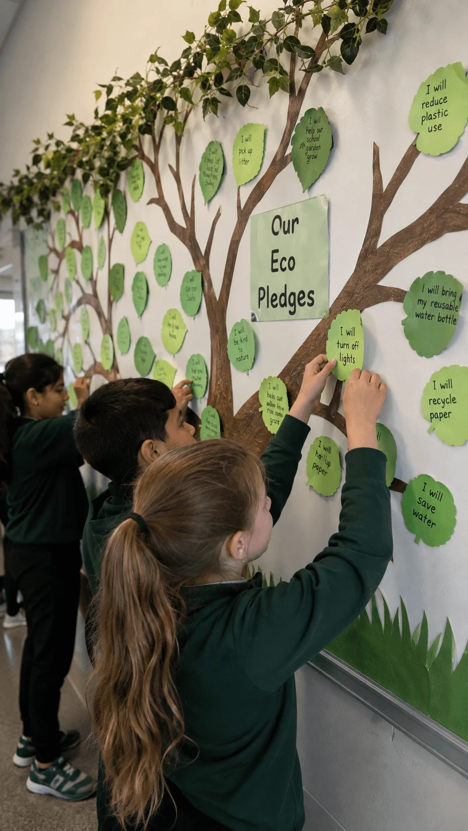 Students adding handwritten environmental promises to a school eco pledge wall decorated as a tree with green leaves and sustainability messages