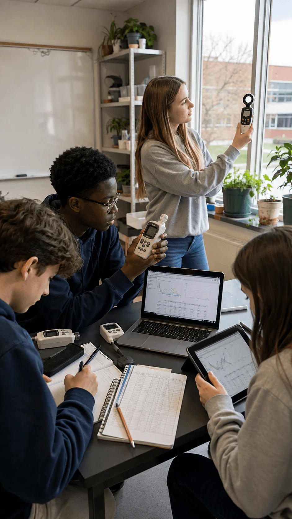 Students using environmental sensors to measure light and air conditions while analyzing data on laptops tablets and notebooks