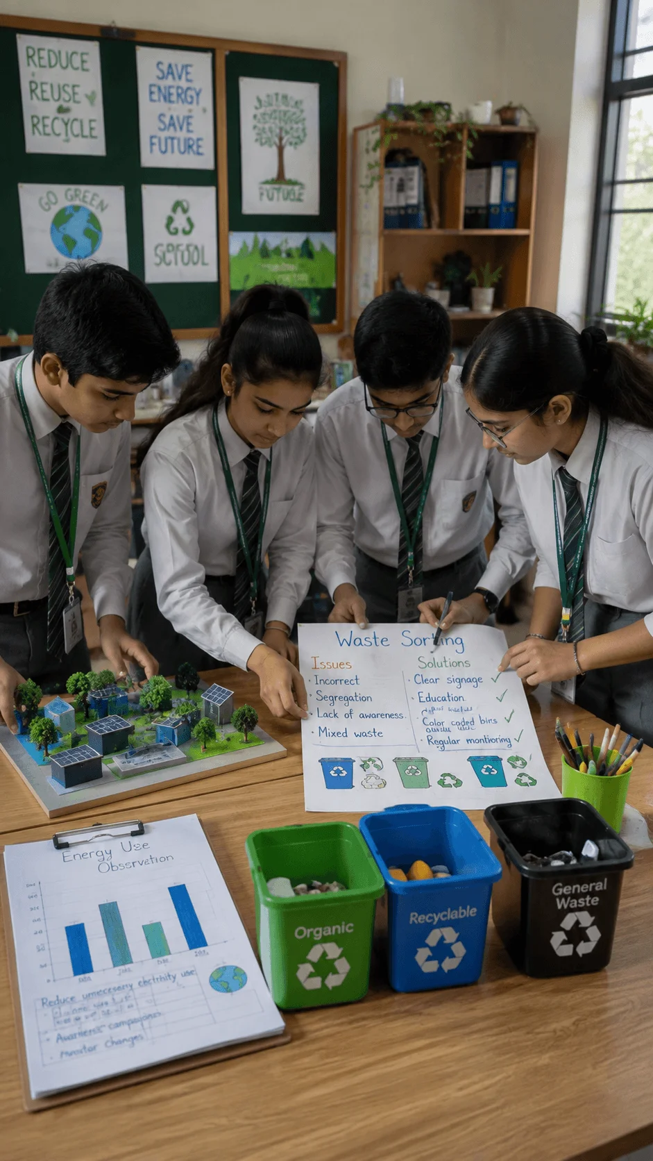 Students working together in a sustainability living lab to investigate waste sorting energy use and environmental solutions
