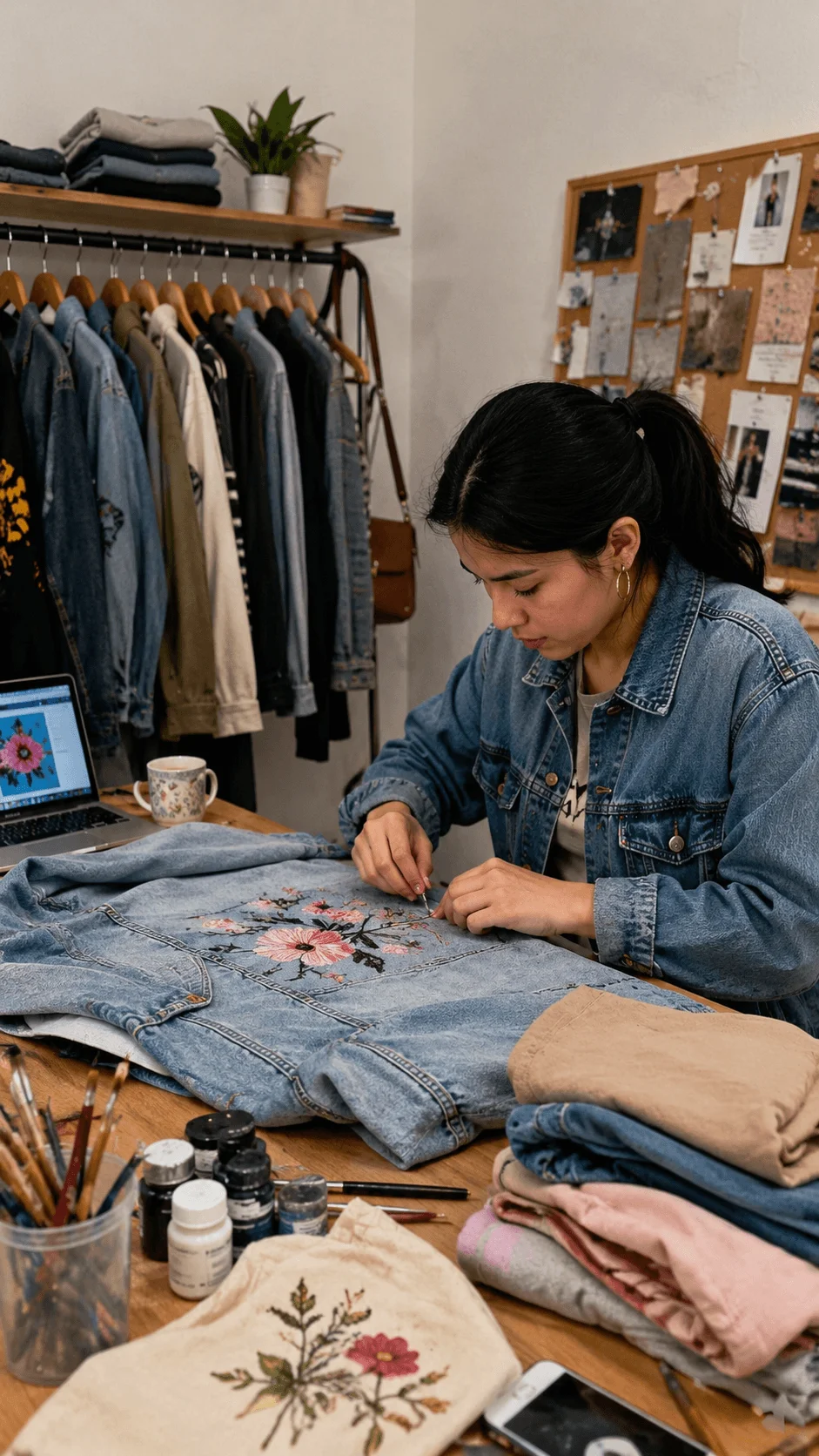 Student thrift and clothing customization business transforming secondhand denim and clothing with creative floral designs