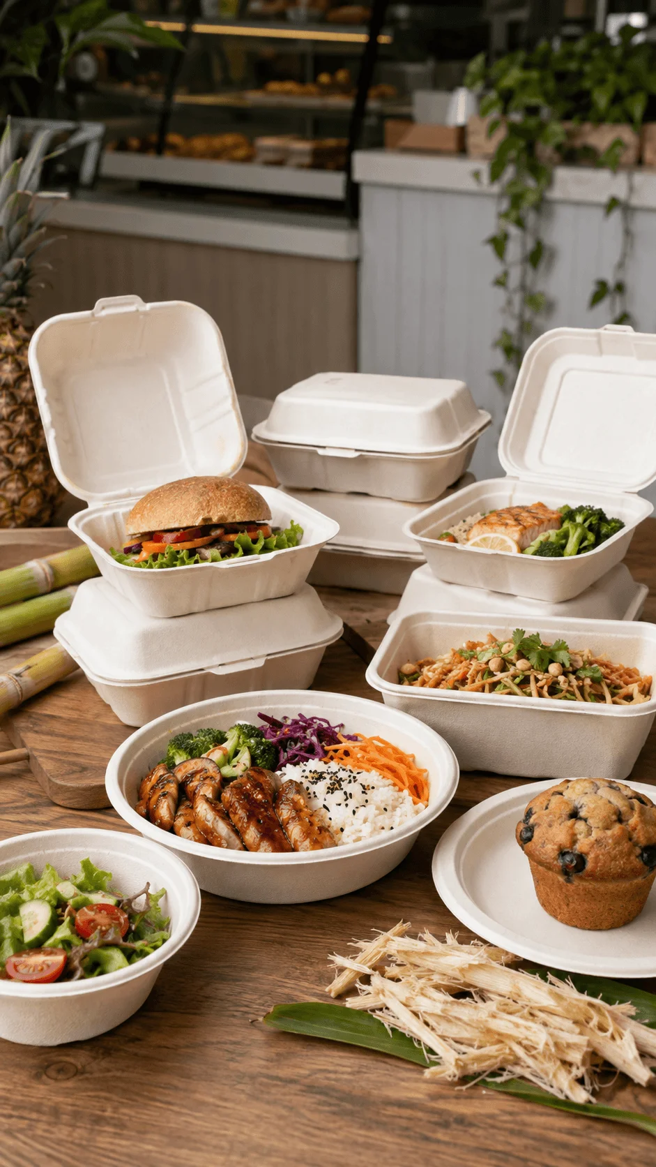 Sugarcane bagasse food packaging with biodegradable takeaway containers bowls plates and trays made from natural plant fibers