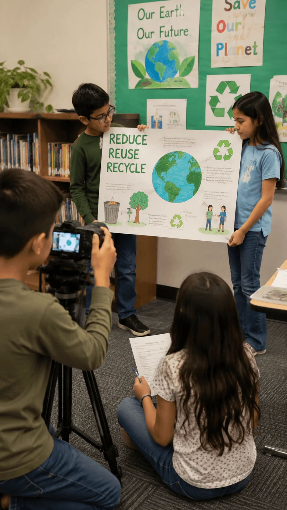 Students creating and filming a sustainability presentation about reducing reusing and recycling to protect the environment