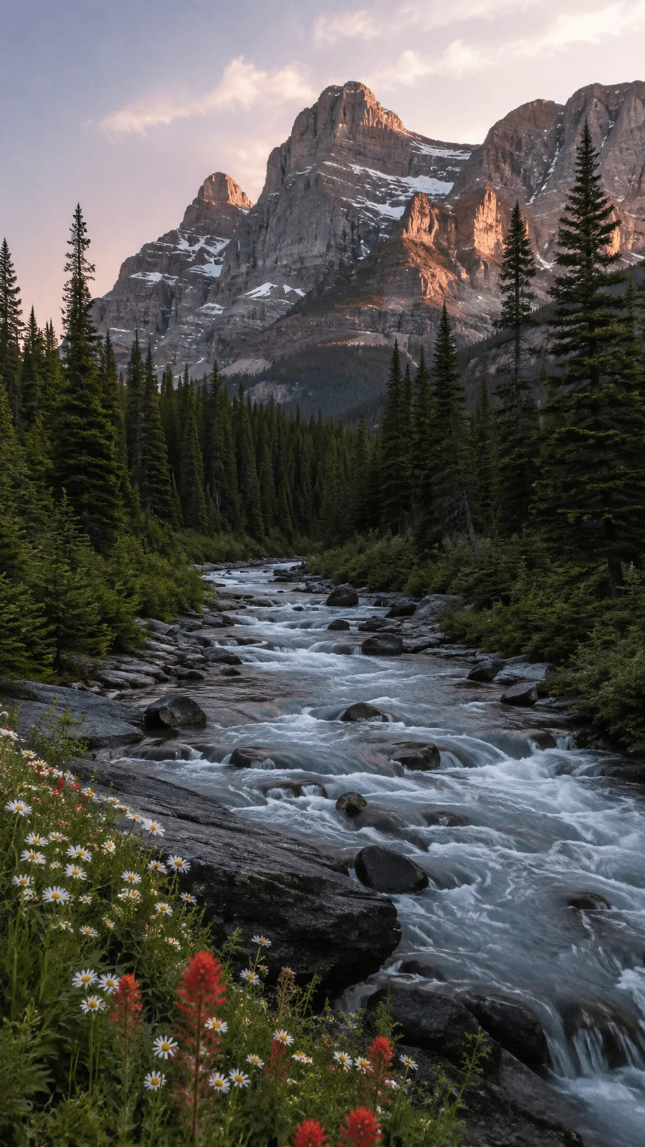 Wildflowers beside a flowing mountain river surrounded by evergreen forest and towering rocky peaks at sunset