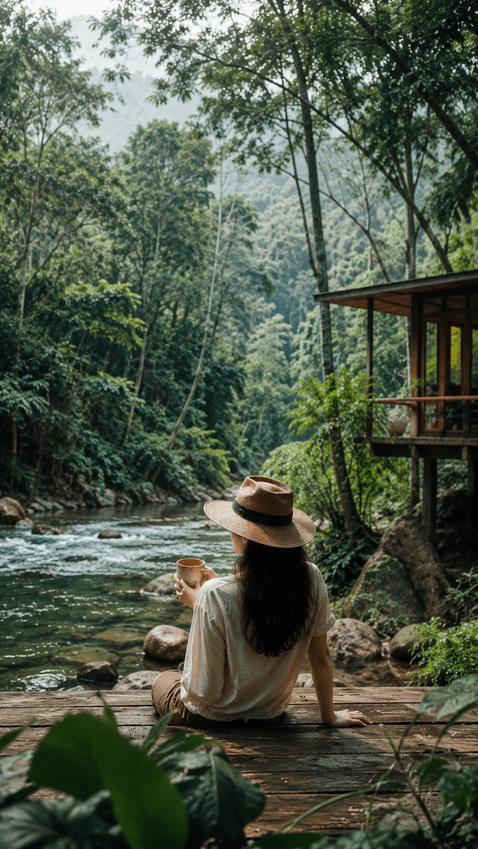 Sustainable aesthetic photography featuring a woman relaxing beside a forest river surrounded by lush nature and an eco lodge