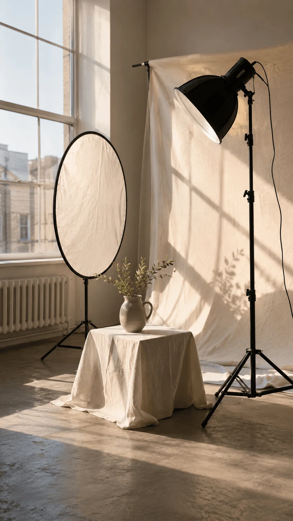 Sustainable studio lighting setup with a softbox, reflector, natural window light, fabric backdrop, and ceramic vase arranged in a warm minimalist photography studio