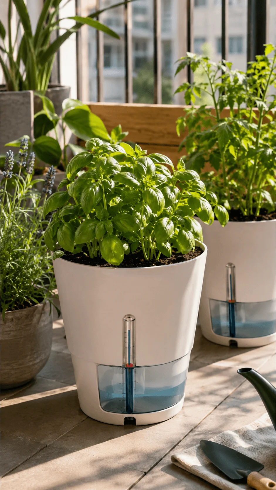 Sustainable apartment garden with self watering planters growing basil tomatoes lavender and other herbs on a sunny balcony