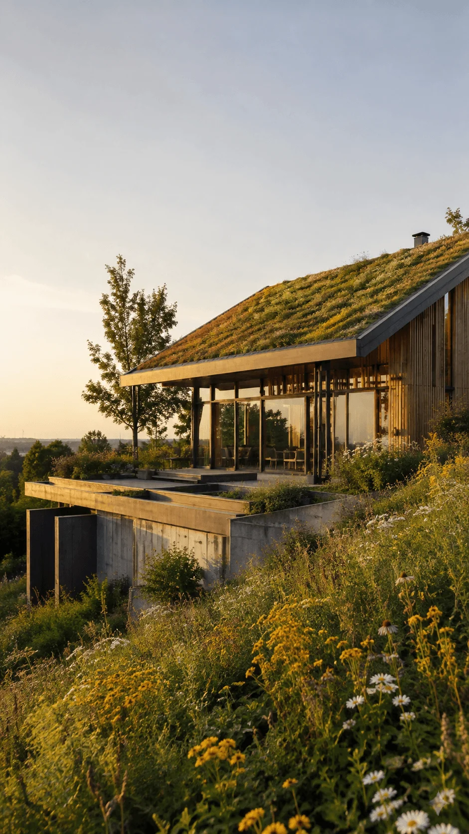 Sustainable architecture with a green living roof, large glass windows, natural wood, and wildflower gardens glowing in warm evening sunlight