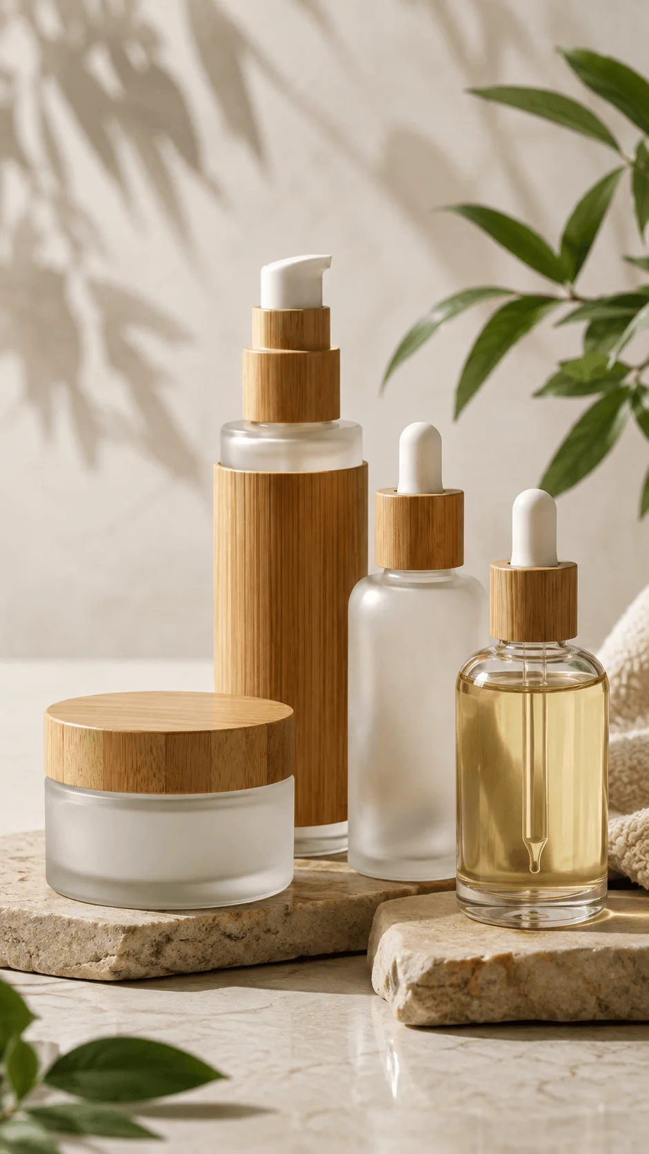 Sustainable bamboo and glass cosmetic packaging with cream jar pump bottle and serum droppers displayed with natural greenery
