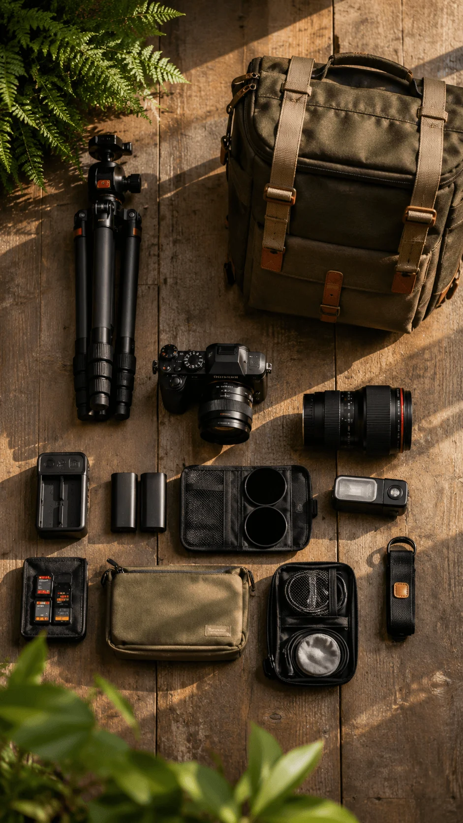 Camera equipment arranged on a wooden surface with a camera bag, tripod, lenses, batteries, memory cards, and other accessories