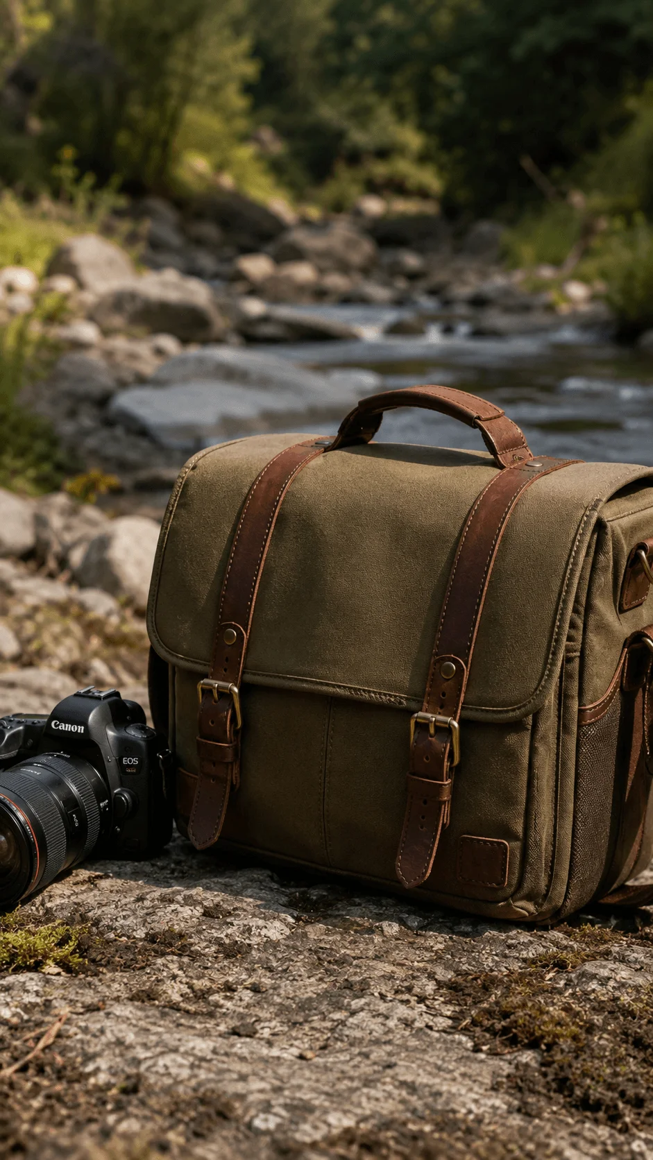 Timeless sustainable camera bag with leather straps and a camera beside a forest stream