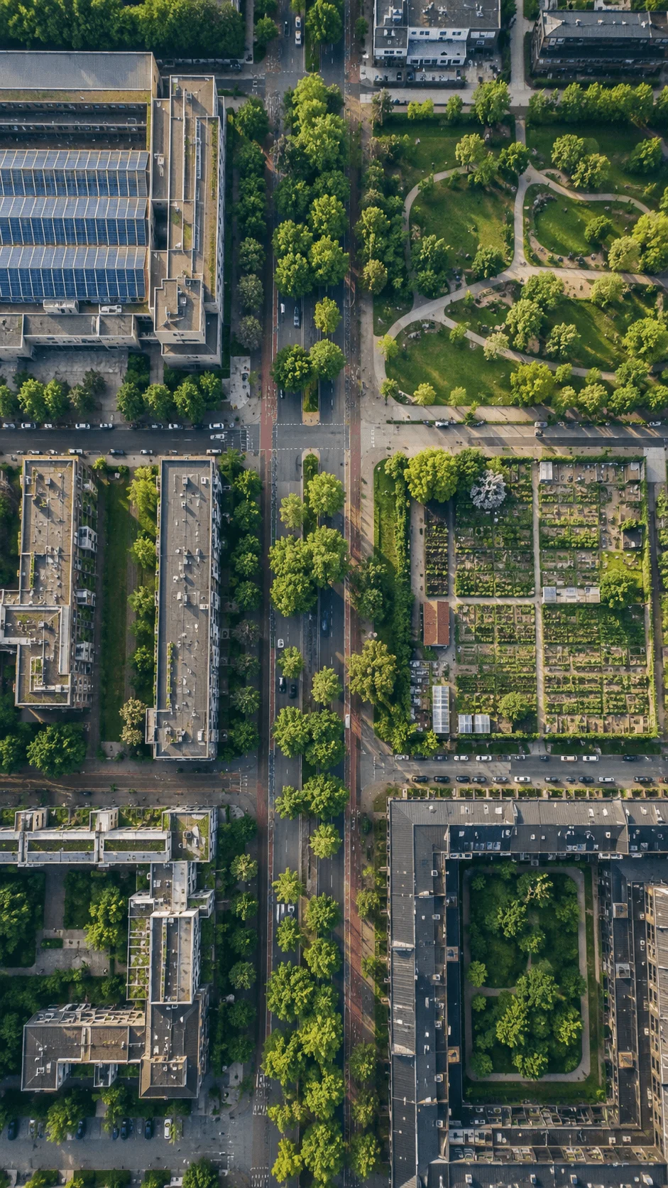 Aerial view of a sustainable city with tree lined streets, green parks, community gardens, solar panels, and residential buildings arranged in an urban grid.