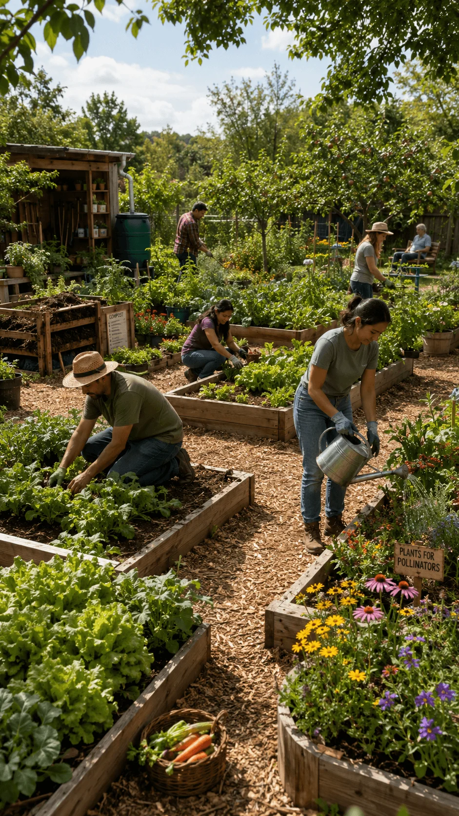 Sustainable community garden with people tending raised vegetable beds, watering plants, composting, growing pollinator flowers and harvesting fresh produce