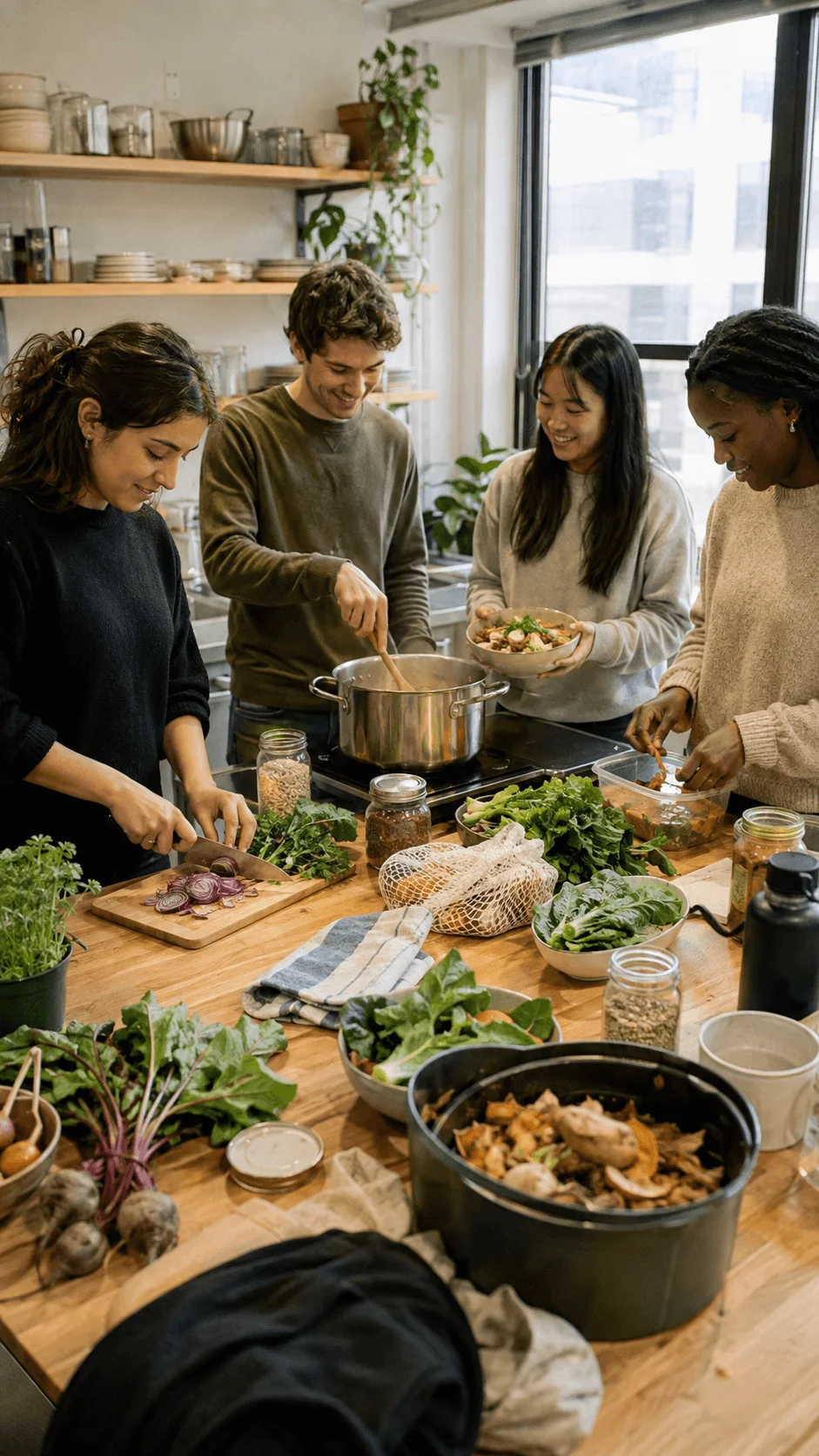 College students participating in a sustainable cooking workshop preparing fresh plant based meals with reusable containers and composting food scraps