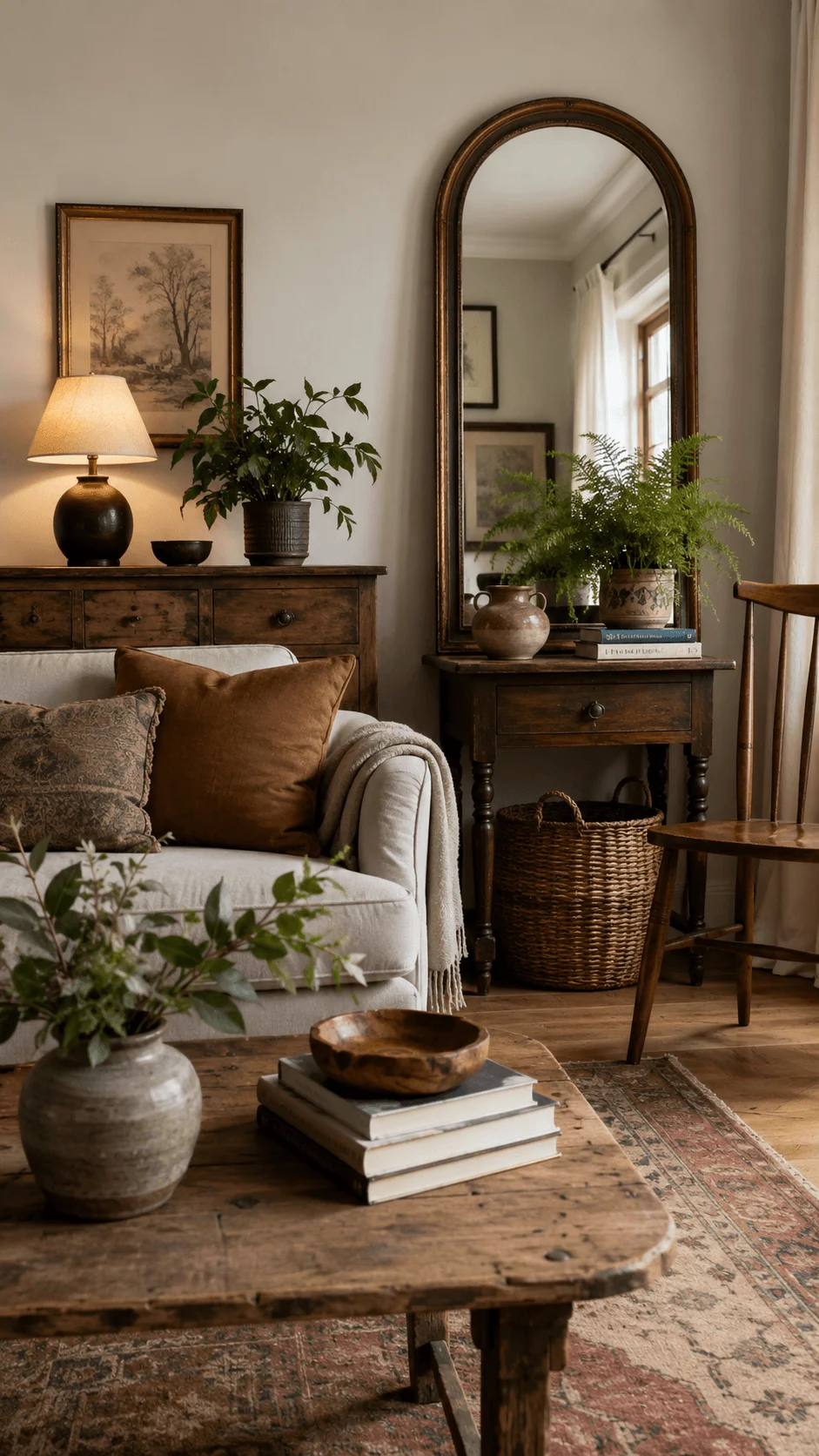 Sustainable living room decorated with thrifted and vintage furniture, antique mirror, wooden furnishings, woven basket, natural textiles, plants and secondhand decor pieces