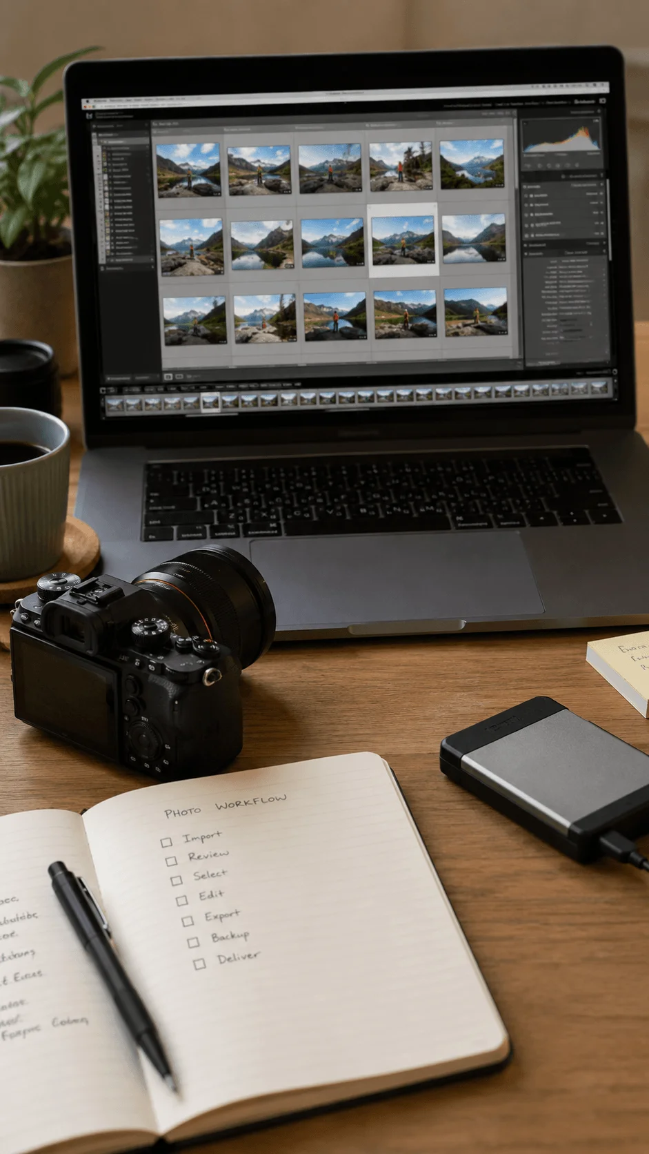 Sustainable digital photography workflow with a camera, laptop displaying photo edits, external hard drive, notebook checklist, and coffee on a wooden desk