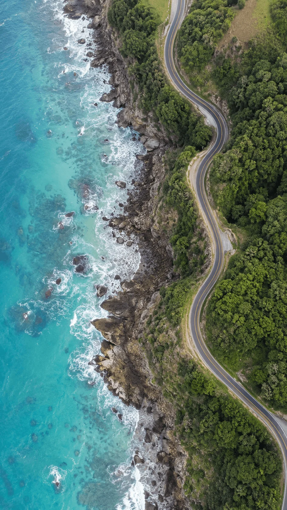 Aerial view of a winding coastal road along turquoise ocean waters, rocky shoreline, and dense green forest coastline