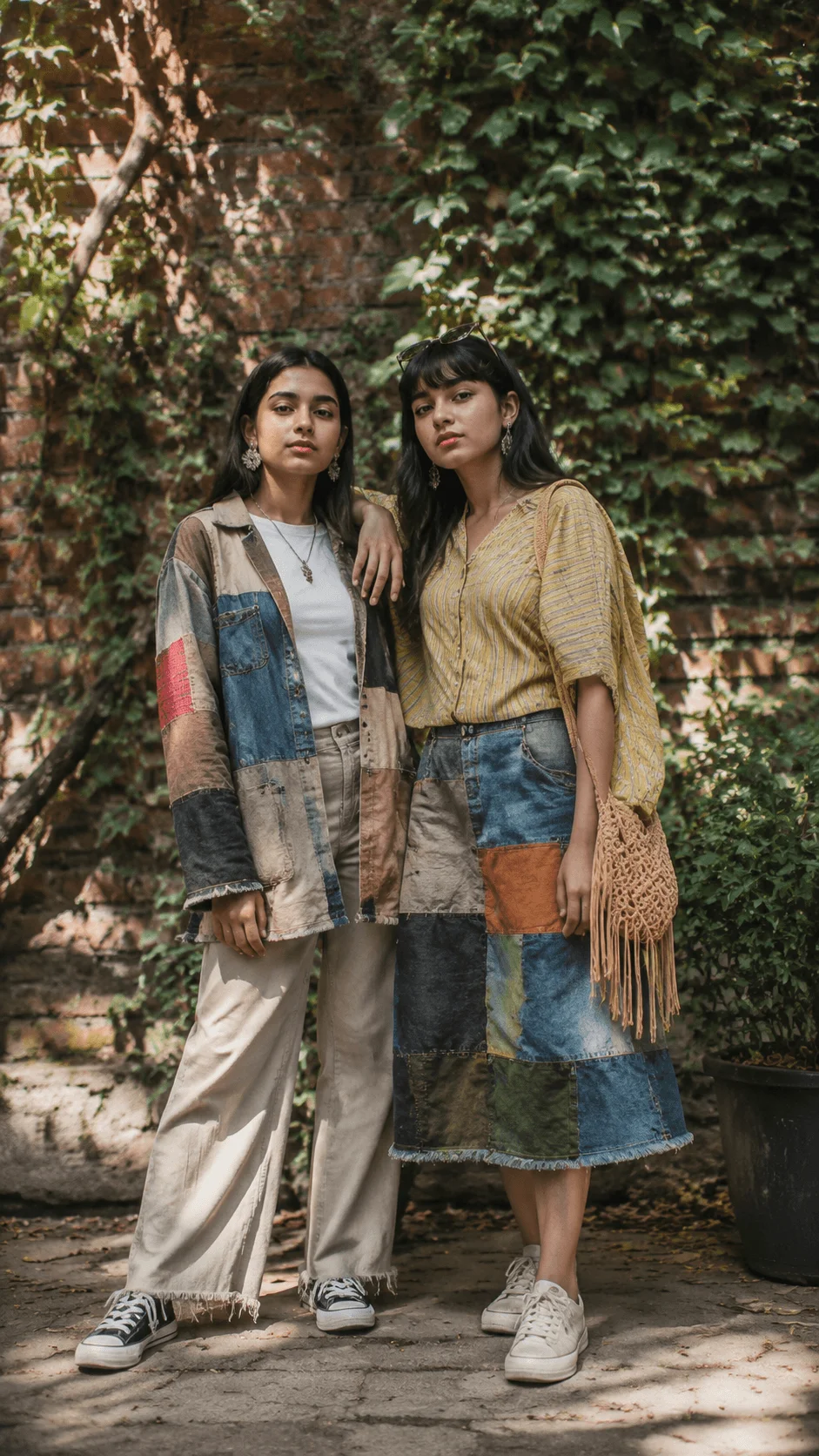 Students wearing sustainable fashion outfits made from recycled materials in an outdoor school environment with natural greenery background