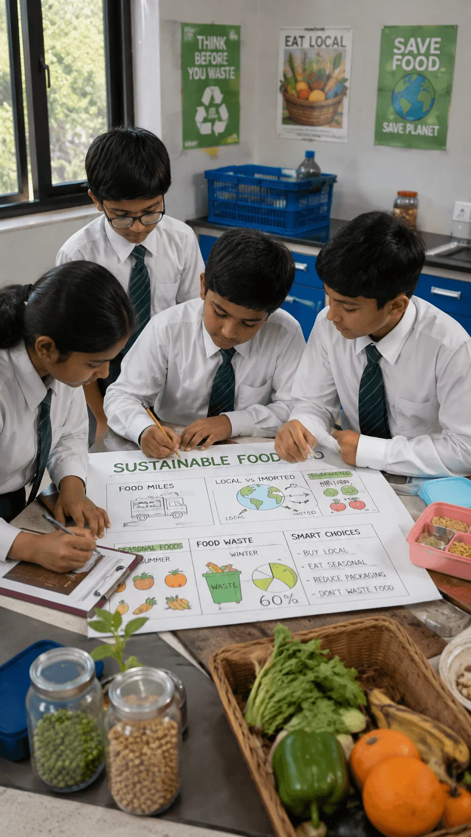 Students researching sustainable food choices by comparing local seasonal foods food miles packaging and food waste