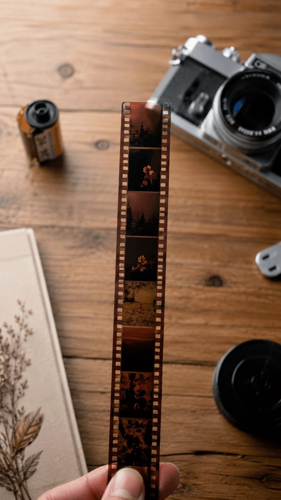 Sustainable half frame photography with a film camera, exposed film strip, film roll and vintage camera on a wooden table