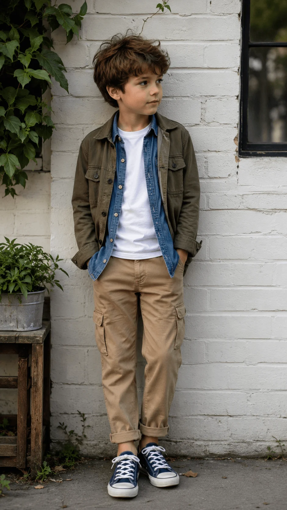 Young boy wearing a sustainable layered utility outfit with a green jacket denim shirt white T shirt cargo pants and canvas sneakers