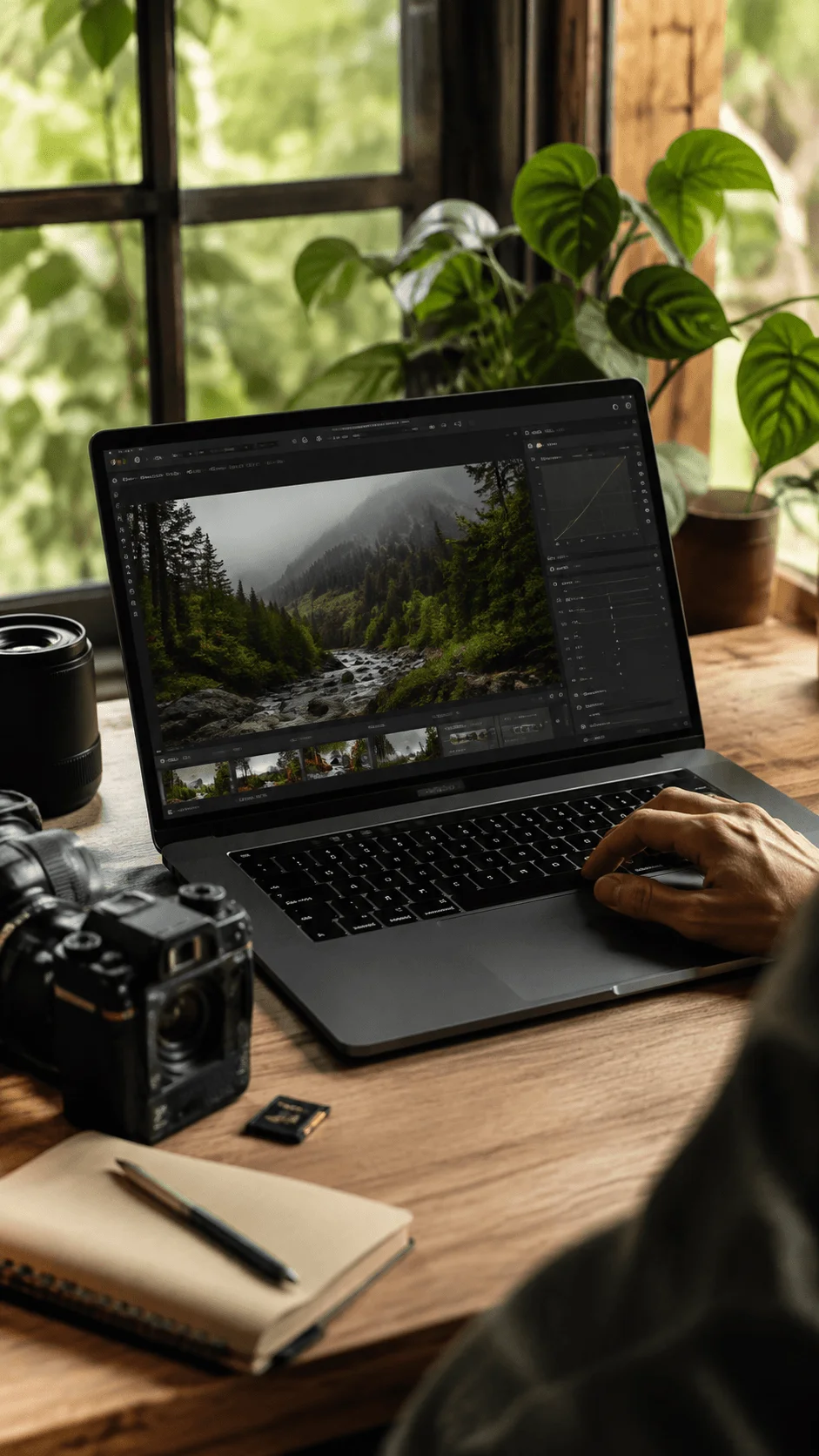 Sustainable photo editing software displayed on a laptop with camera equipment in a natural green workspace