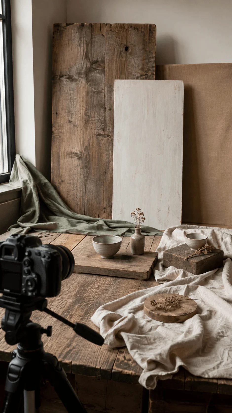 Sustainable photography backdrop with reclaimed wooden boards, neutral fabric, ceramic props, dried flowers and a camera on a tripod in a natural studio setting