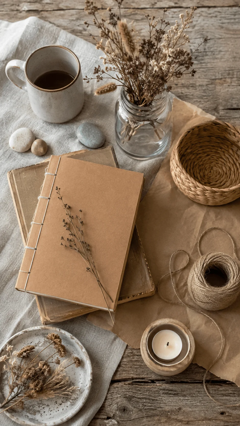 Sustainable photography flat lay featuring recycled paper notebooks, dried flowers, ceramic cup, woven basket, natural twine and handmade decor on a rustic wooden surface with warm earthy tones