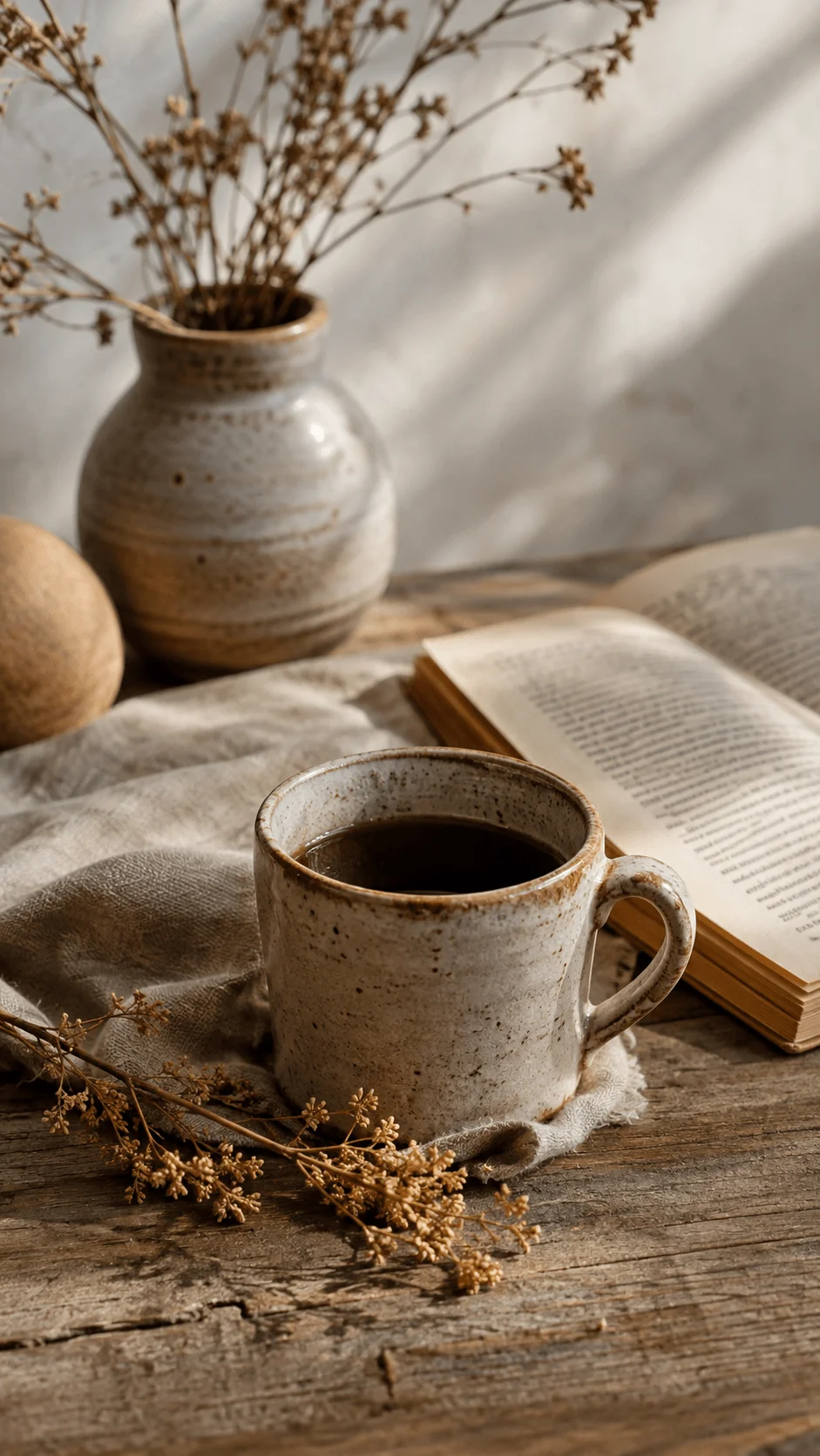 Sustainable photography featuring a rustic ceramic coffee cup open book dried flowers and natural textures in warm sunlight