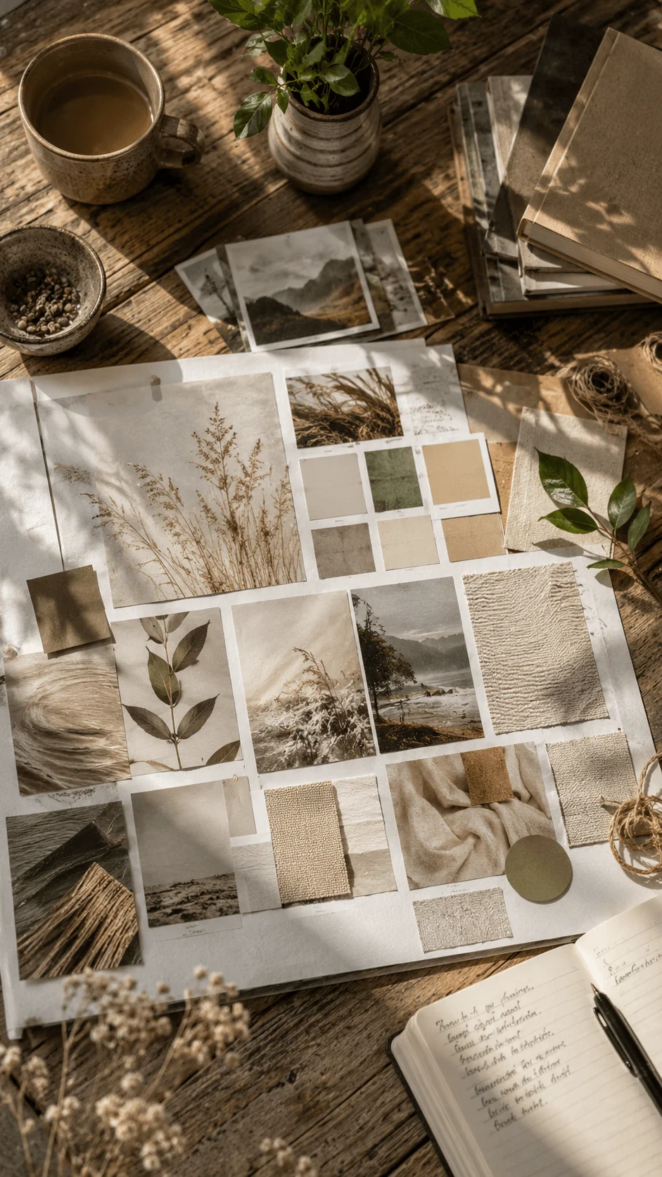 Sustainable photography mood board featuring nature images earthy color palettes organic textures dried plants and fabric samples on a rustic wooden table