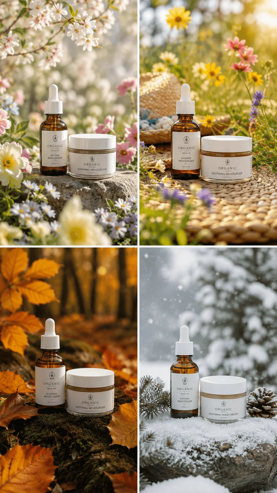 Sustainable skincare photography showing organic products styled across spring summer autumn and winter seasonal settings